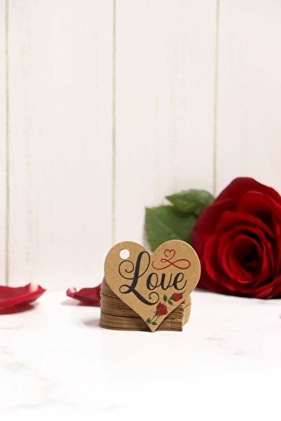 Vice Sevgililer günü etiketi - LOVE baskılı 50 Adet kraft kalp etiket (4,5 cm )
