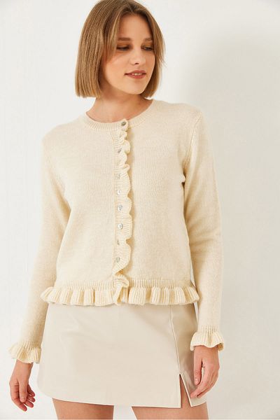 Bianco Lucci Women's Buttoned Ruffled Knitwear Cardigan 20246946