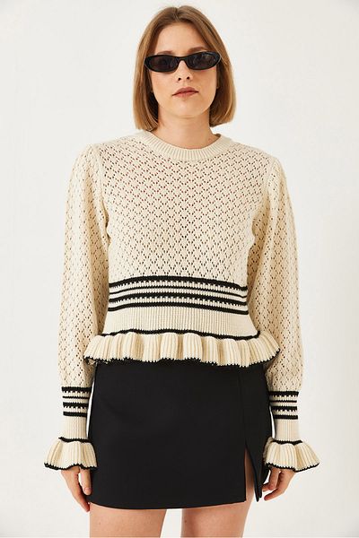 Bianco Lucci Damen-Strickpullover mit Rüschen 20246872