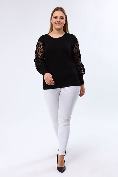 modayız Flock Sleeve Large Size Black Blouse 26c-1980