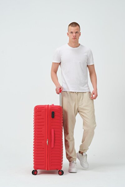 Diseno Keo-Plus Kırmızı Büyük Boy Silikon Kırılmaz PP Valiz