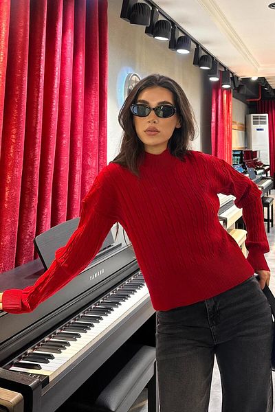 Madmext Red Half Turtleneck Braided Knitwear Women's Sweater Mg2257