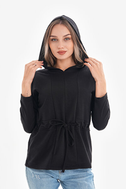 DEVRİMAY TEKSTİL Γυναικείο μαύρο φούτερ με κουκούλα και κορδόνι στη μέση