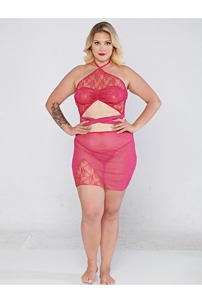 DOSESA طقم ثوب نوم نسائي مقاس كبير مع تفاصيل دانتيل وردي - 2XL-3XL مع حشوة من التول الشفاف