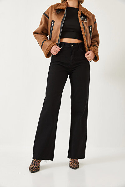 SHADE Kadın Straight Wide Yüksek Bel Paçası Kesik Uzun Denim Yıkamalı Pantolon