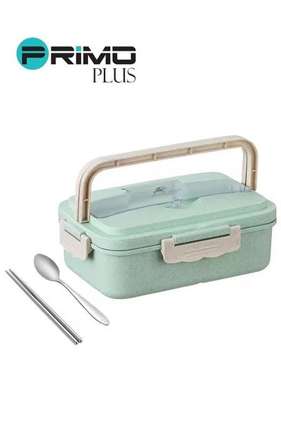 Primo Plus Plastic lunch box with assorted green spoon and chopsticks