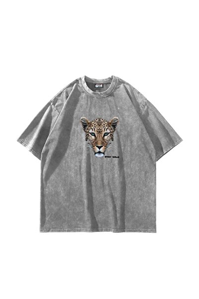 Bak Moda Stay Wild Leopard Silhouette Printed Oversize Unisex Πλενόμενο λευκό...