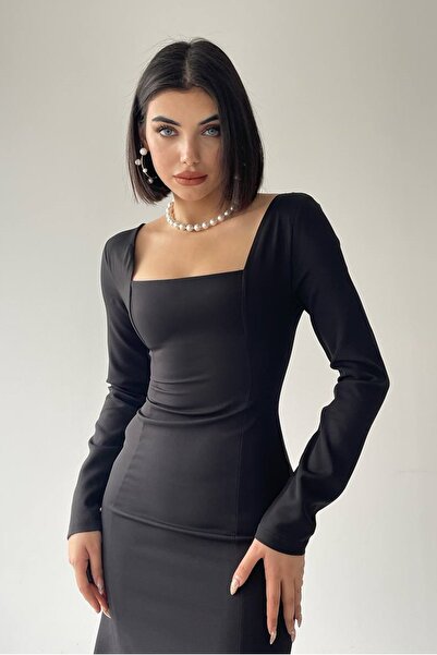 barış sülün lovebox Dámské černé midi šaty Atlas Fabric s dlouhým rukávem a čtvercovým výstřihem 288