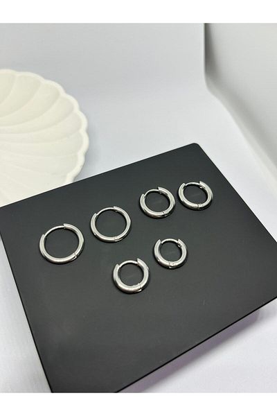Sepetten Eve Real Steel Tarnish Fadeless Silver Color 3 Pairs Hoop Earrings Set