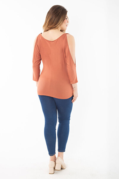 Şans Women's Plus Size Orange Kiss Collar Shoulder Low-cut Long Sleeve Blouse 65n37365