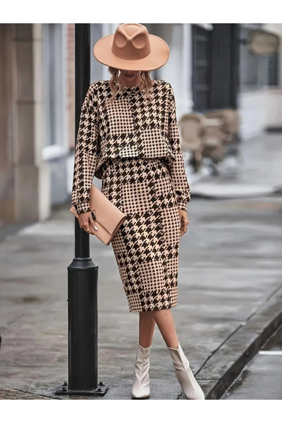 Bijuterria Women's Long Sleeve Crew Neck Ribbon Diver Blouse and Slit Midi Skirt Set