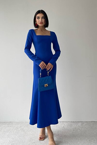 barış sülün lovebox فستان ساكس بلو أطلس متوسط الطول - رقبة مربعة وأكمام طويلة...