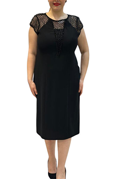 Arden Büyük Beden Kısa Abiye, Siyah Lacivert Krep Yarım Ay Kol Boncuk İşlemel...