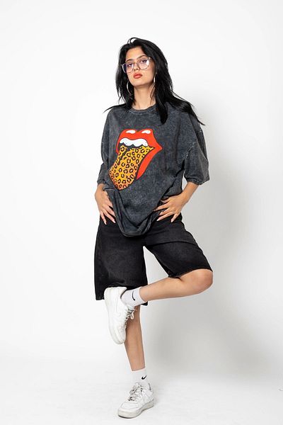 Bak Moda Rolling Stones Leopard Print - Tricou negru supradimensionat unisex lavabil premium