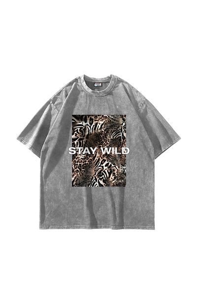 Bak Moda Πρόχειρο Εκτύπωση Stay Wild Leopard Printed 24/1 Oversize Unisex Πλενόμενο λευκό μπλουζάκι