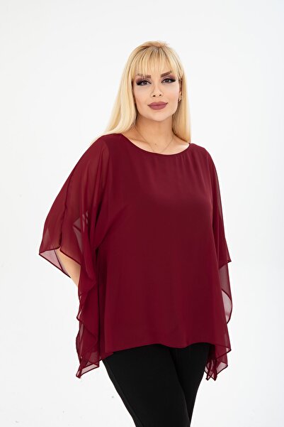 modayız Large Size Claret Red Chiffon Blouse 29E-2400