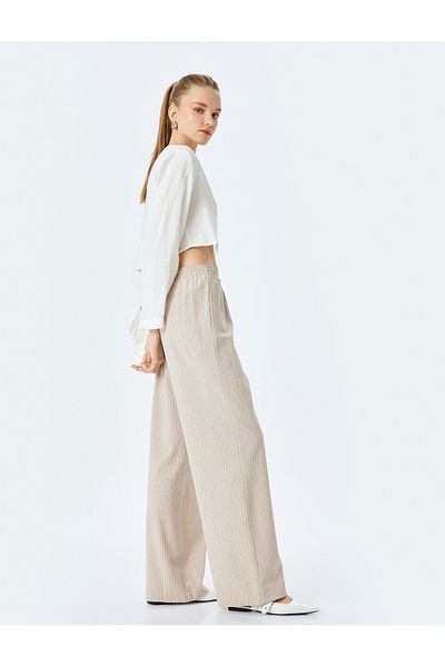 Koton Viscose Blended Waist Lace up Striped Wide Leg Trousers
