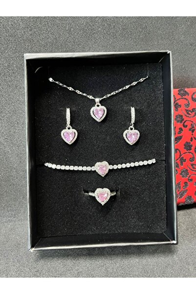 Sepetten Eve 4 lü Gerçek Çelik Ciddi ilişki Seti Kalpli Yüzük Kolye Bileklik Küpe 14 Şubat Sevgiliye Hediye