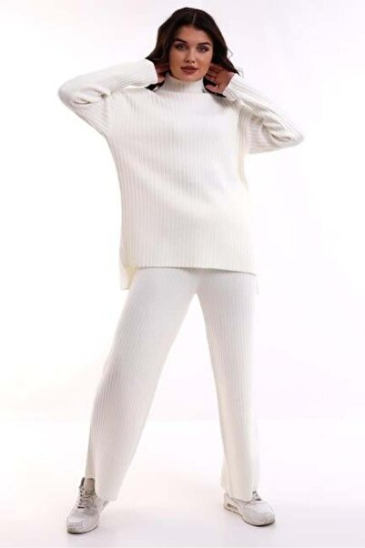 Irmak Kerekli Women's Ecru Oversize Ribbed Bottom Top Knitwear Set 6308
