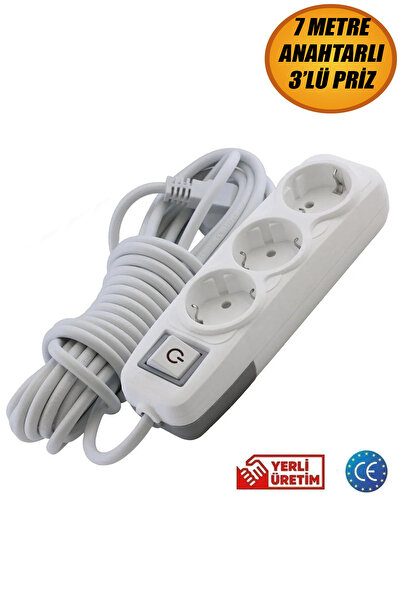 NUBLADO Grup Priz 3'lü - (7 METRE) Anahtarlı Topraklı Seyyar Ara Kablolu Uzat...