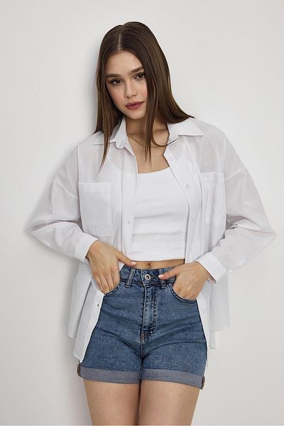 Rays Λευκό Διπλή Τσέπη Oversize Μακρύ Βασικό Πουκάμισο - Tcr-6256a