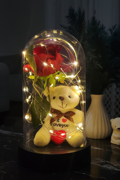 LUZAB I Love You Yazılı Sevgililer Günü Işıklı Lüks Ayıcıklı Güllü Kalpli Led...