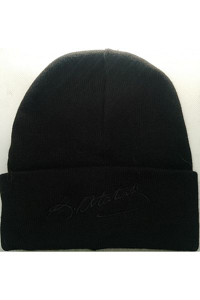 ATA TANITIM Ata Introduction Kemal Ataturk Signed Black Wool Beret with Signature Black Embroidery.