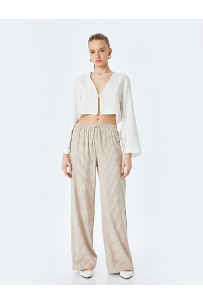 Koton Viscose Blended Waist Lace up Striped Wide Leg Trousers