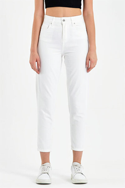 JAXEN Bt13971825 Women's White No-Show High Waist Boyfriend Mom Jeans Pants