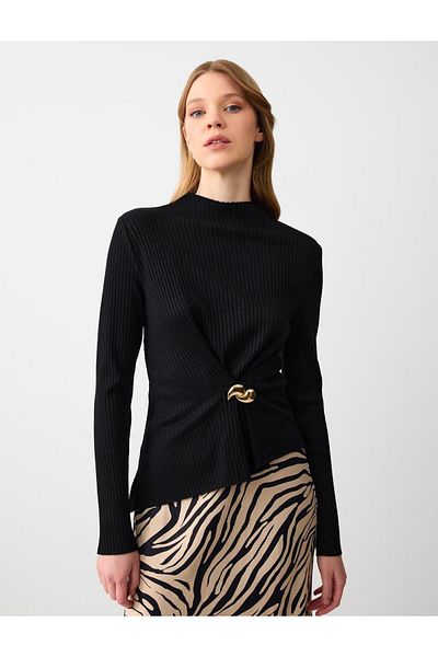 Jimmy Key Black Slim Fit Crew Neck Drawstring Detailed Knitted Blouse