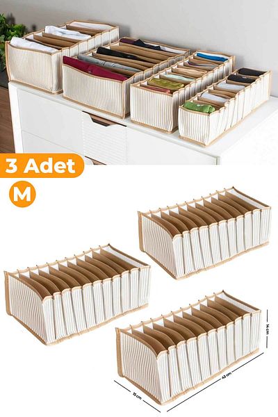 Serstil 3 τεμάχια μπεζ ριγέ Organizer Organizer 11 διαμερισμάτων - Μεσαίο 15 x 43 x 14