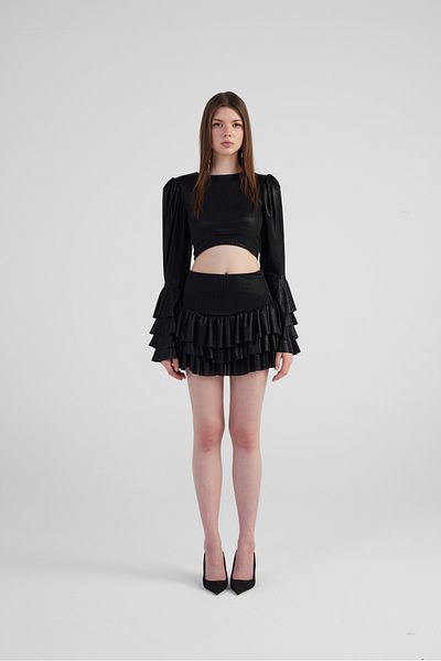 HOLLY LOLLY Black Shiny Fabric - Ruffled Skirt and Blouse Yensia Set