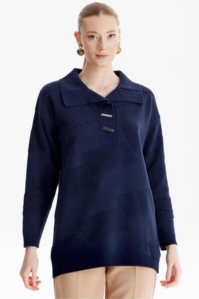 Tığ Triko Polo Yakalı Kabartma Örgülü Triko Tunik LACİVERT