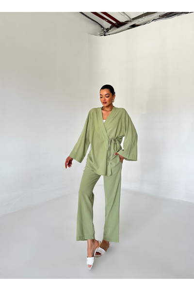 Laluvia Çağla részletes oldalkötésű vászonszövet kimonó szett