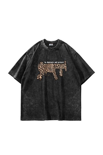 Bak Moda Tricou negru lavabil unisex oversize cu imprimeu Dominante Leopard