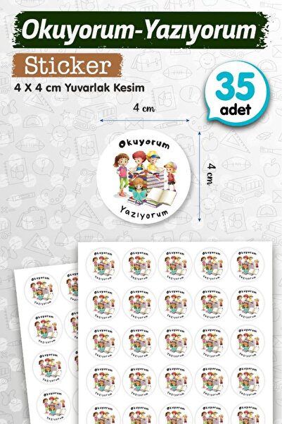 t tuğset etiket Okuyorum Yazıyorum Etiket Sticker 35 adet 4cm Öğretmen Okul Ö...