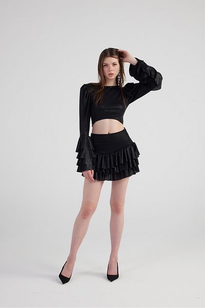 HOLLY LOLLY Black Shiny Fabric - Ruffled Skirt and Blouse Yensia Set