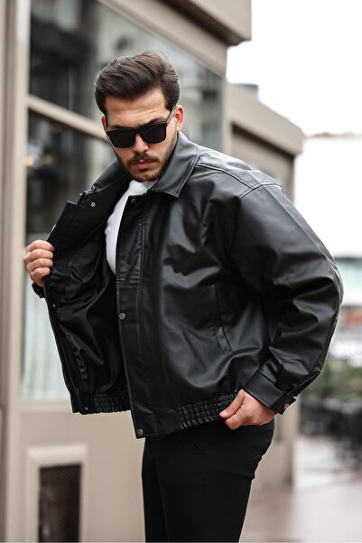 BELİZMOD Jachetă de piele neagră pentru bărbați vintage oversize