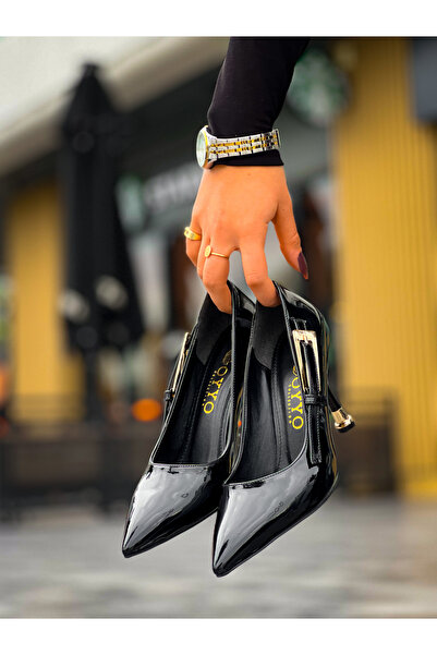 Buem Pantofi de damă cu toc de zi cu zi, cu toc auriu și cataramă din piele lacuită strălucitoare