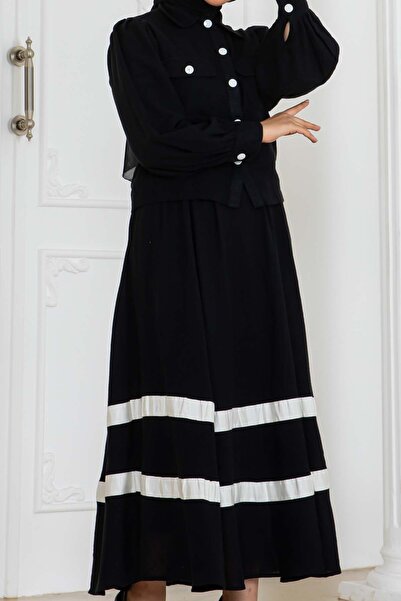 benguen Black Linen Set - Striped Skirt 2062