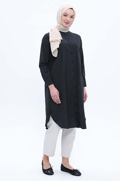 ALLDAY Black-Cotton Striped Long Poplin Shirt