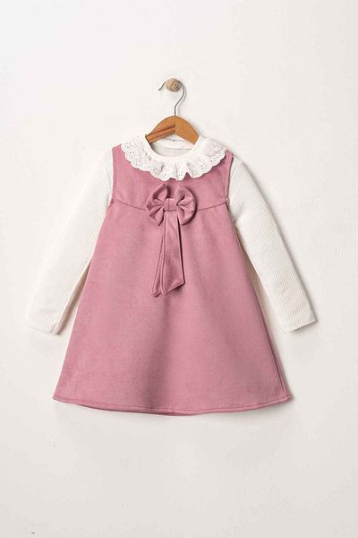 Zaziko Kids Rochie dublă din piele intoarsa cu fundita pentru fete ELB.1001-Z