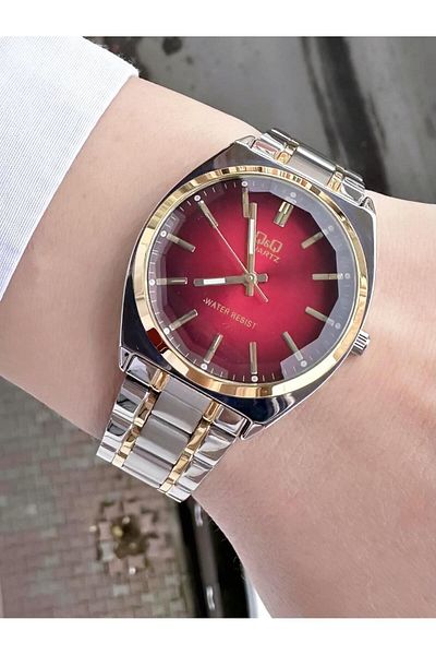 Q&Q Women's Stylish Wristwatch - Gold, Silver Metal Cord, Double Color Bezel, Line Indicator, Red Inner Dial
