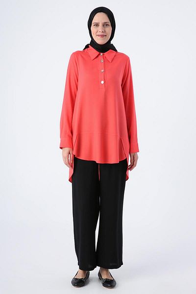 ALLDAY Pomegranate Flower-Shirt Neck Half-Plate Slit Long Back Tunic