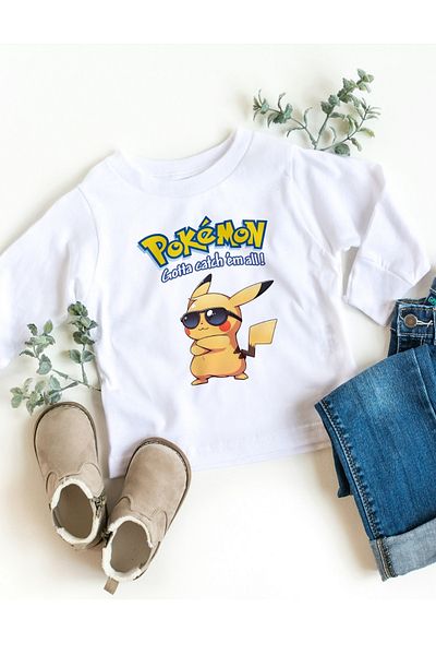 Texclusive Pokemon Pikachu Patterned Kids Sweatshirt - Crew Neck, White