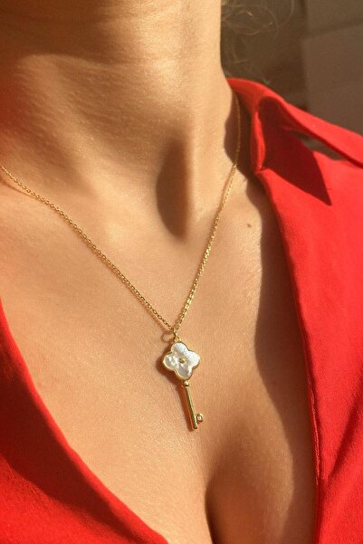Spossy Silver Jewelry 925 Ayar Gümüş, 14 Ayar Gold, Taşlı Anahtar Kolye, Sevg...