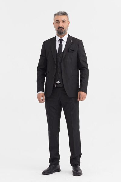 Slimfit Kesim Erkek Yelekli Çizgili Takım Elbise-SİYAH
