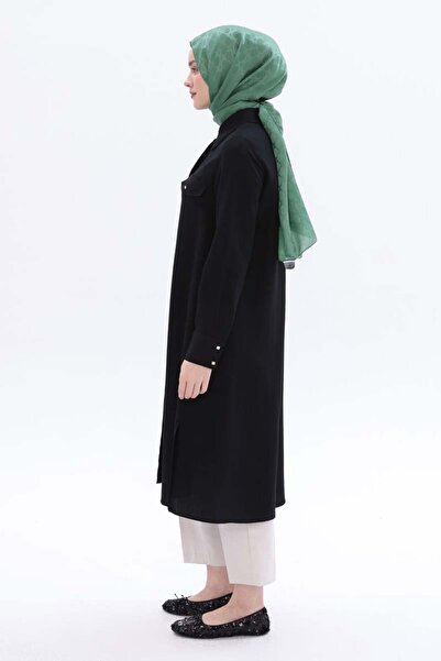 ALLDAY Siyah-Yırtmaçlı Keten Gömlek Tunik