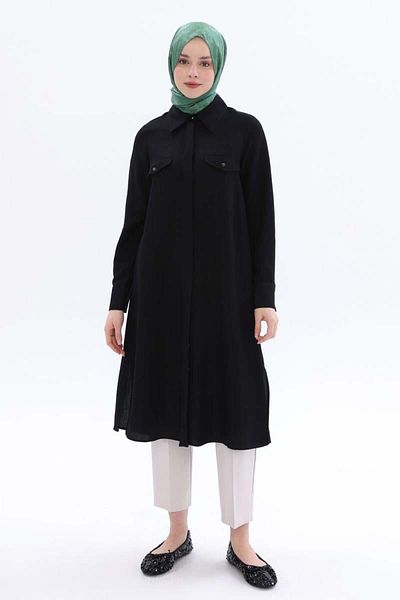 ALLDAY Black-Slit Linen Shirt Tunic