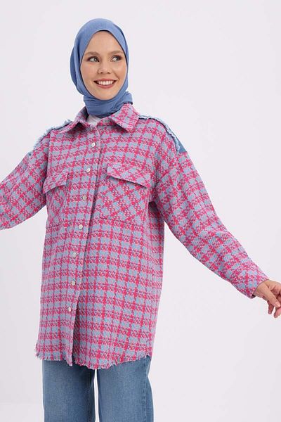 ALLDAY Pink-Blue-Denim Garnished Tweed Shirt Tunic